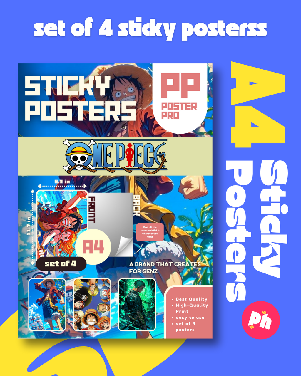 One Piece Set of 4 Sticky Poster