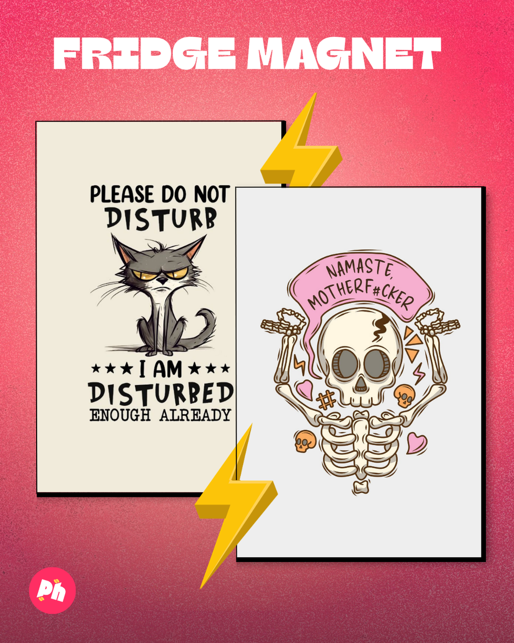 Grumpy Cat & Skeleton Yoga set of 2 fridge magnet