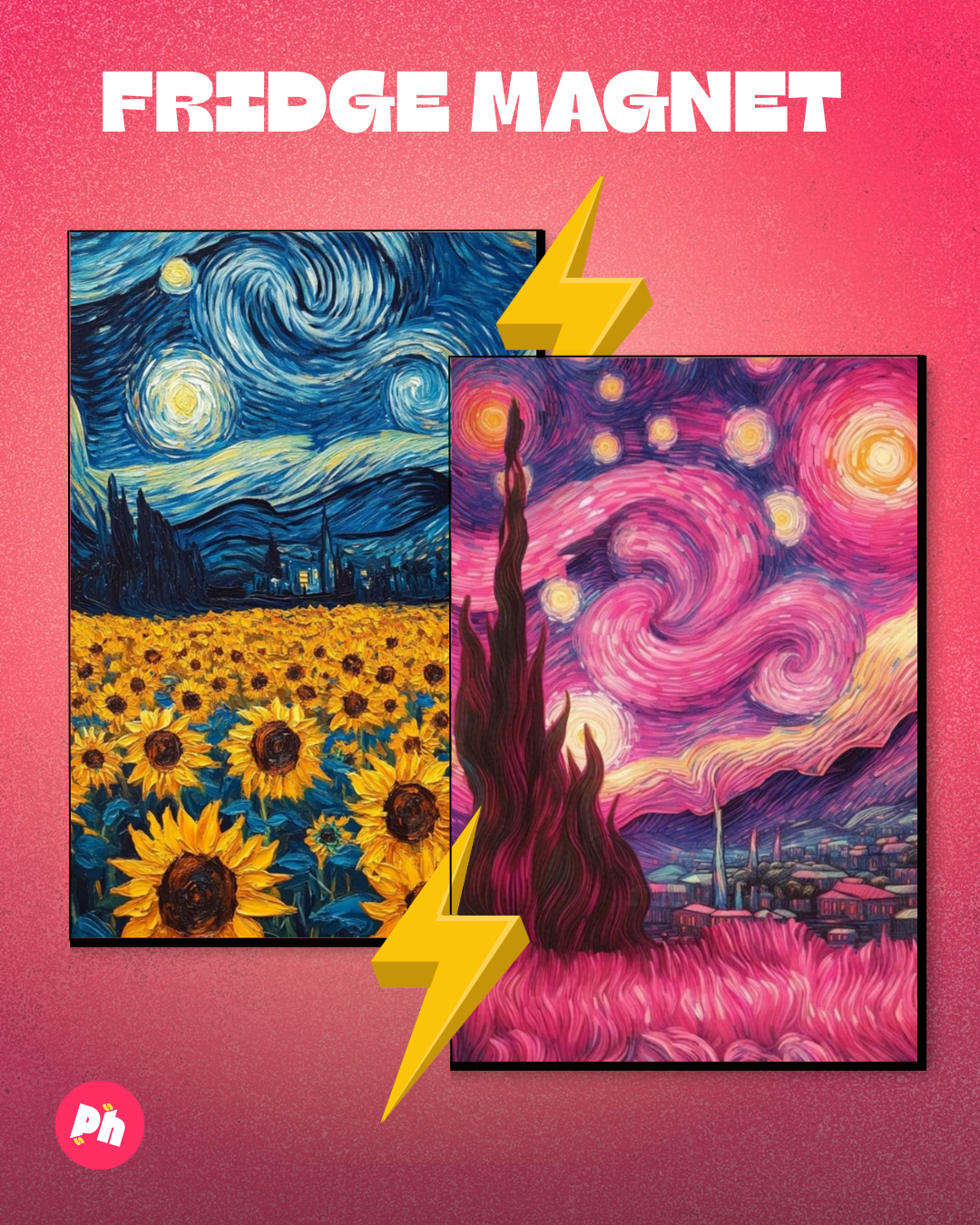 Starry Night Sunflowers vs Pink set of 2 fridge magnet