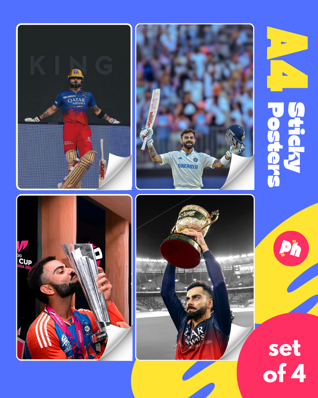 King Kohli Set of 4 Sticky Poster