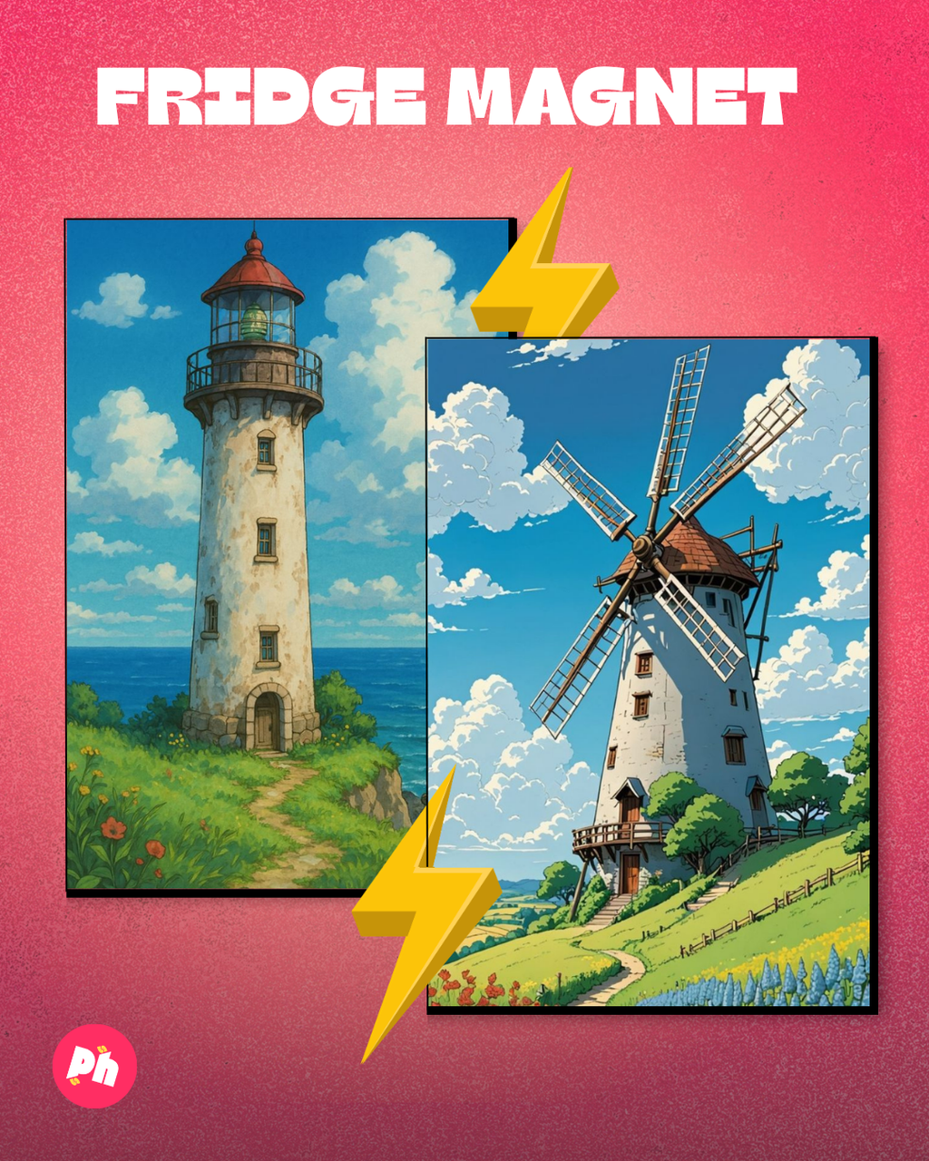 Lighthouse vs Windmill set of 2 fridge magnet