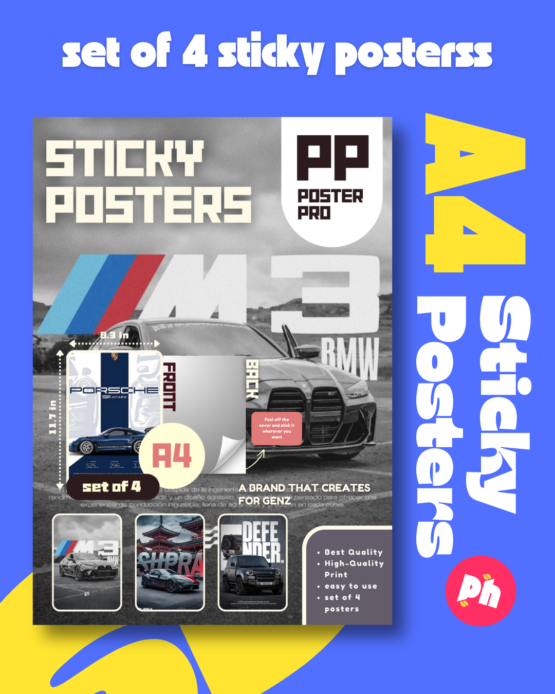 Supercar Collection Set of 4 Sticky Poster