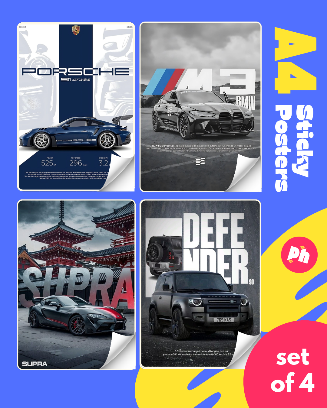 Supercar Collection Set of 4 Sticky Poster