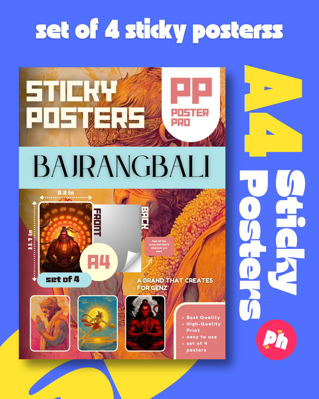 Bajrangbali Set of 4 Sticky Poster
