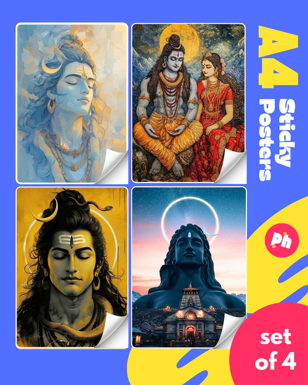Bholenath Set of 4 Sticky Poster