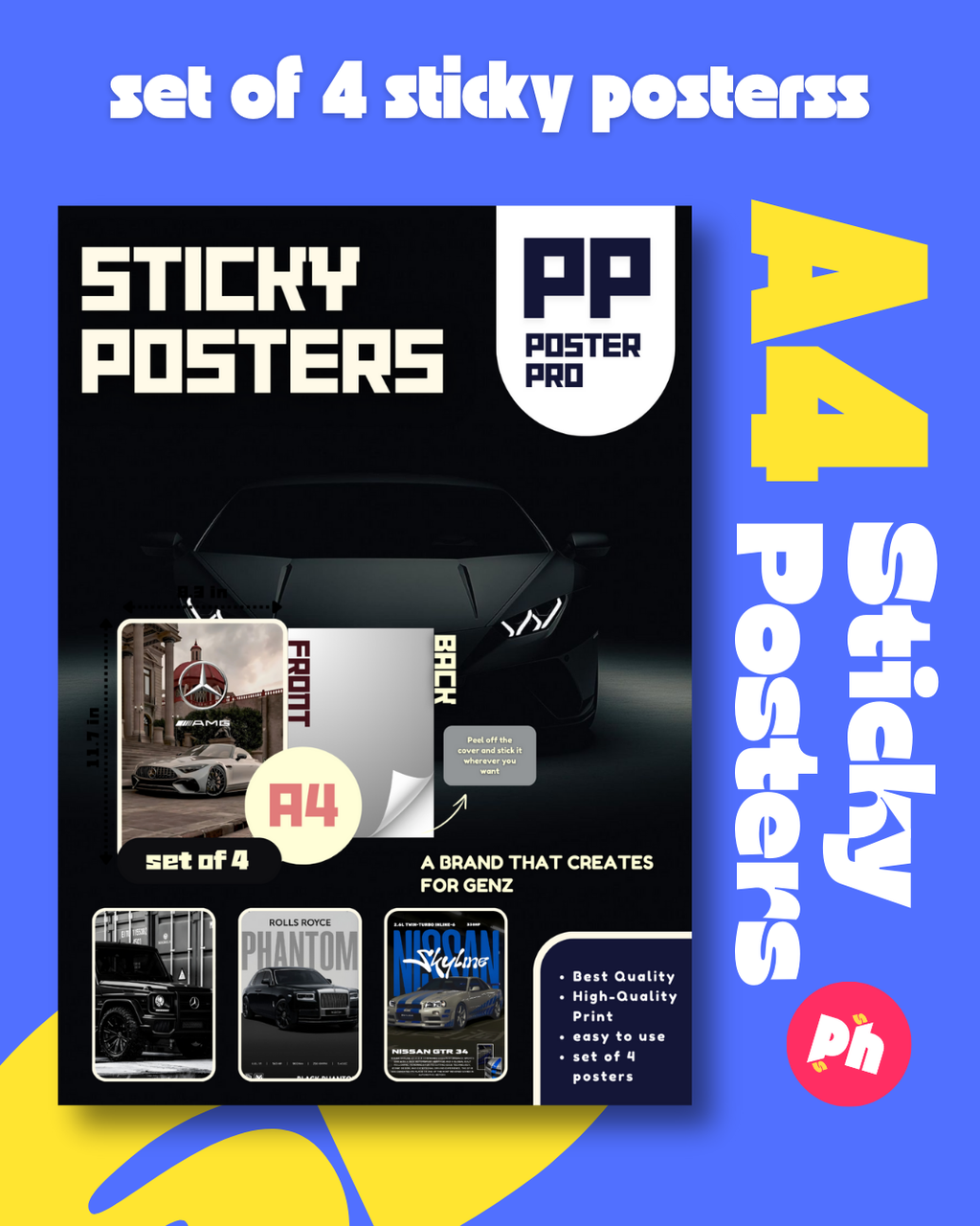 Luxury Car Set of 4 Sticky Poster