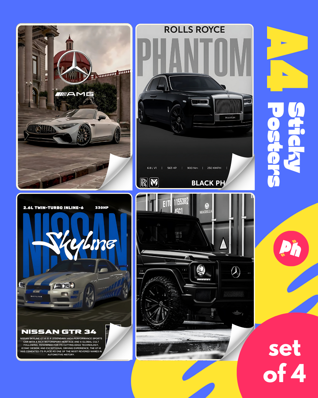 Luxury Car Set of 4 Sticky Poster