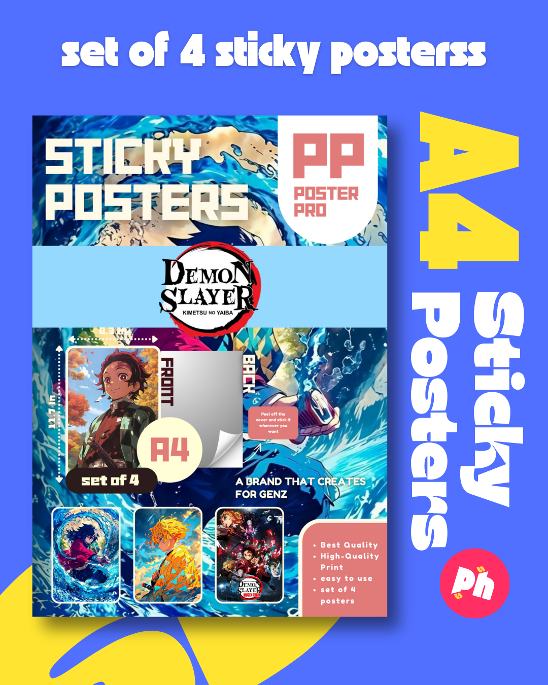 2Demon Slayer Set of 4 Sticky Poster