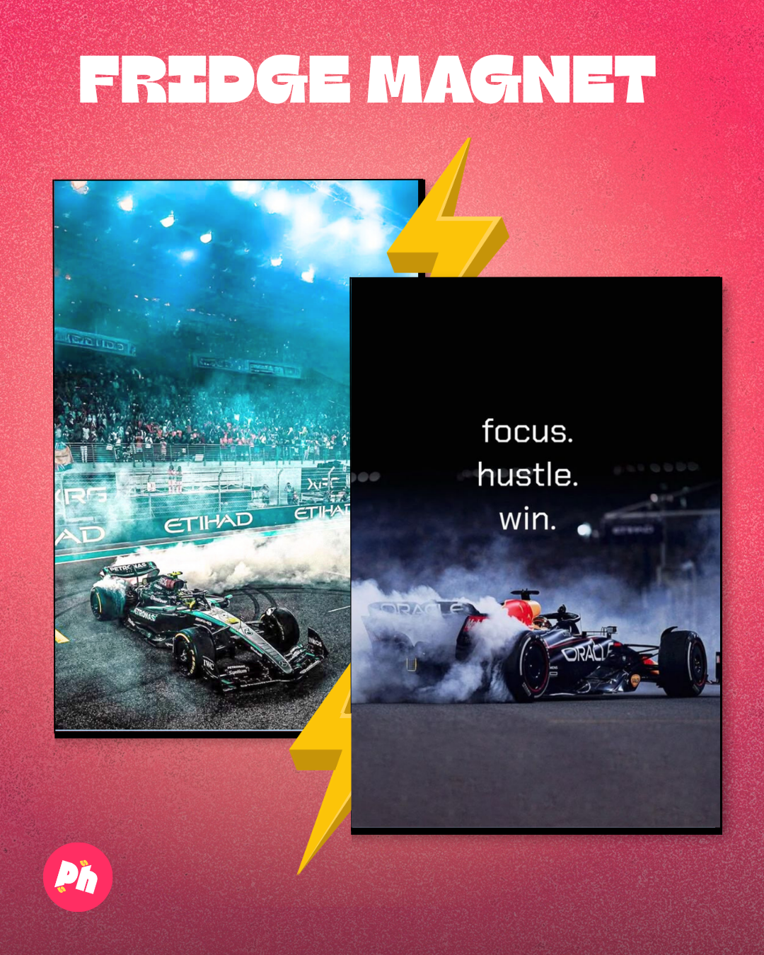 F1 Racing “Focus. Hustle. Win.” set of 2 fridge magnet