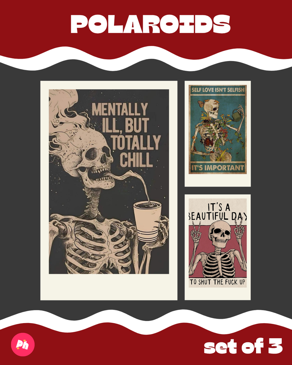Skeleton Chill Polaroid set of 3