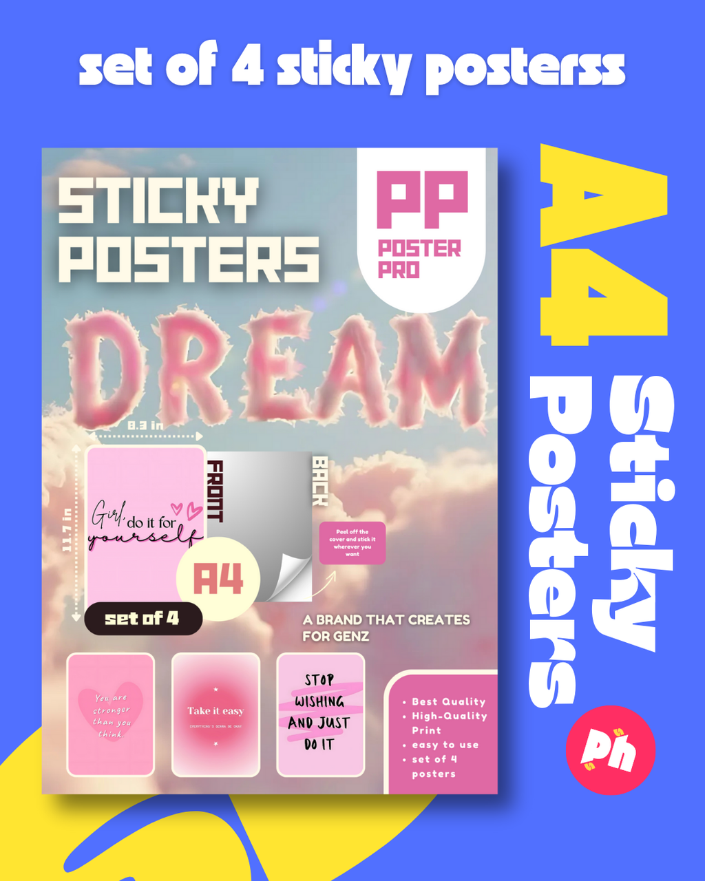 Pink Dream Inspiration Girl Set of 4 Sticky Poster