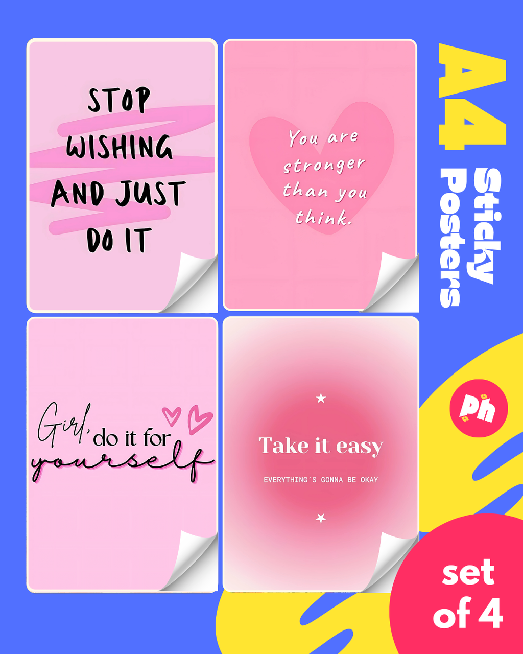 Pink Dream Inspiration Girl Set of 4 Sticky Poster