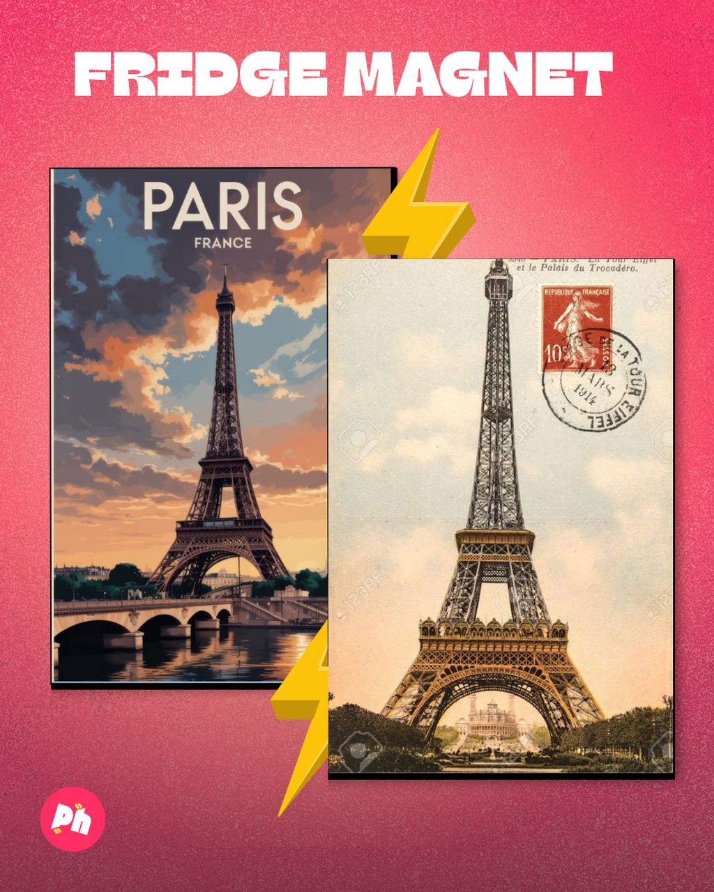 Eiffel Tower Paris Postcards set of 2 fridge magnet