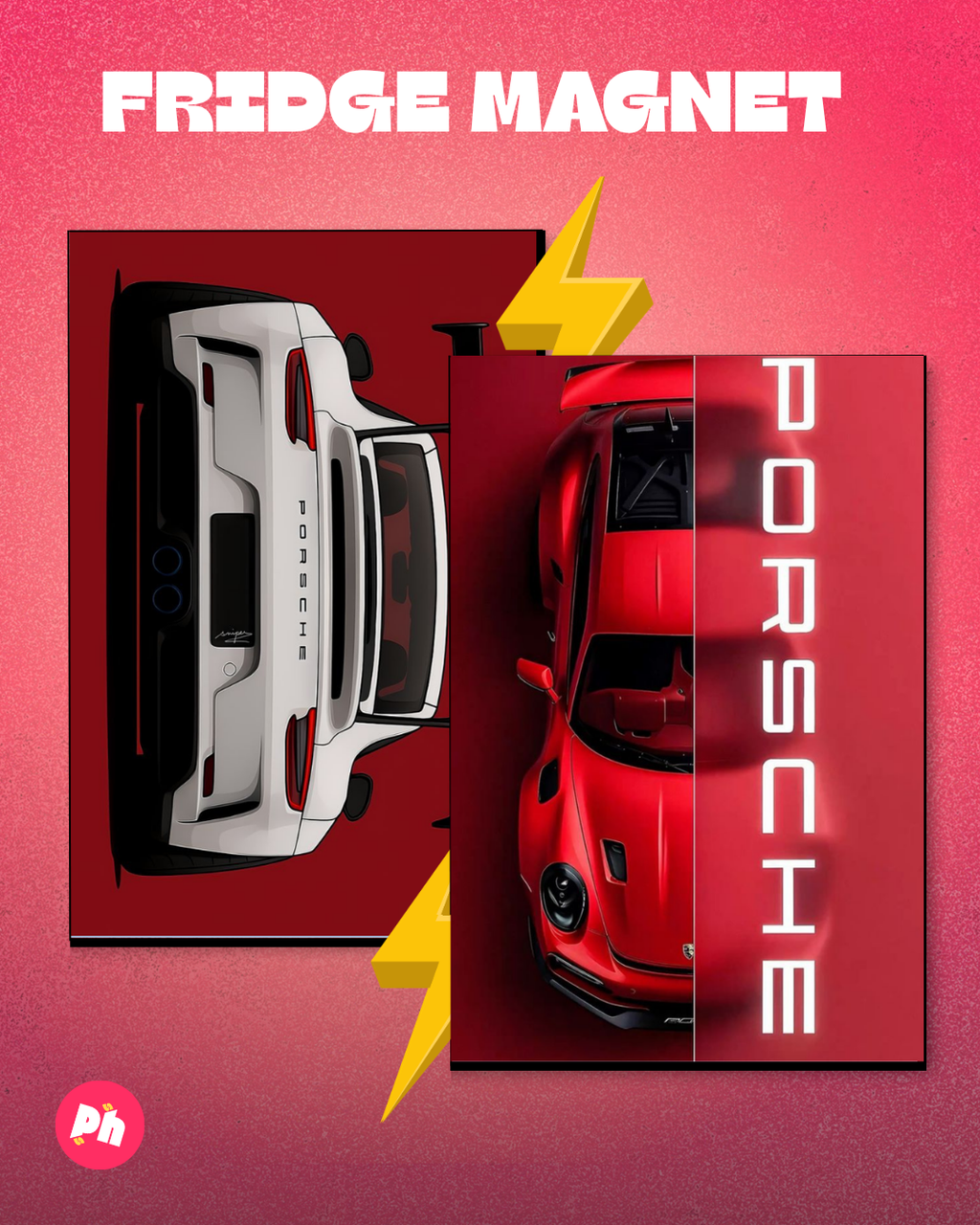 Porsche (White & Red) set of 2 fridge magnet