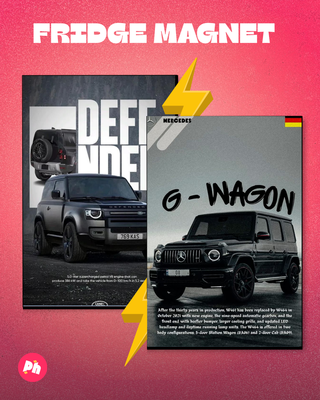 Land Rover Defender X Mercedes G-Wagon set of 2 fridge magnet