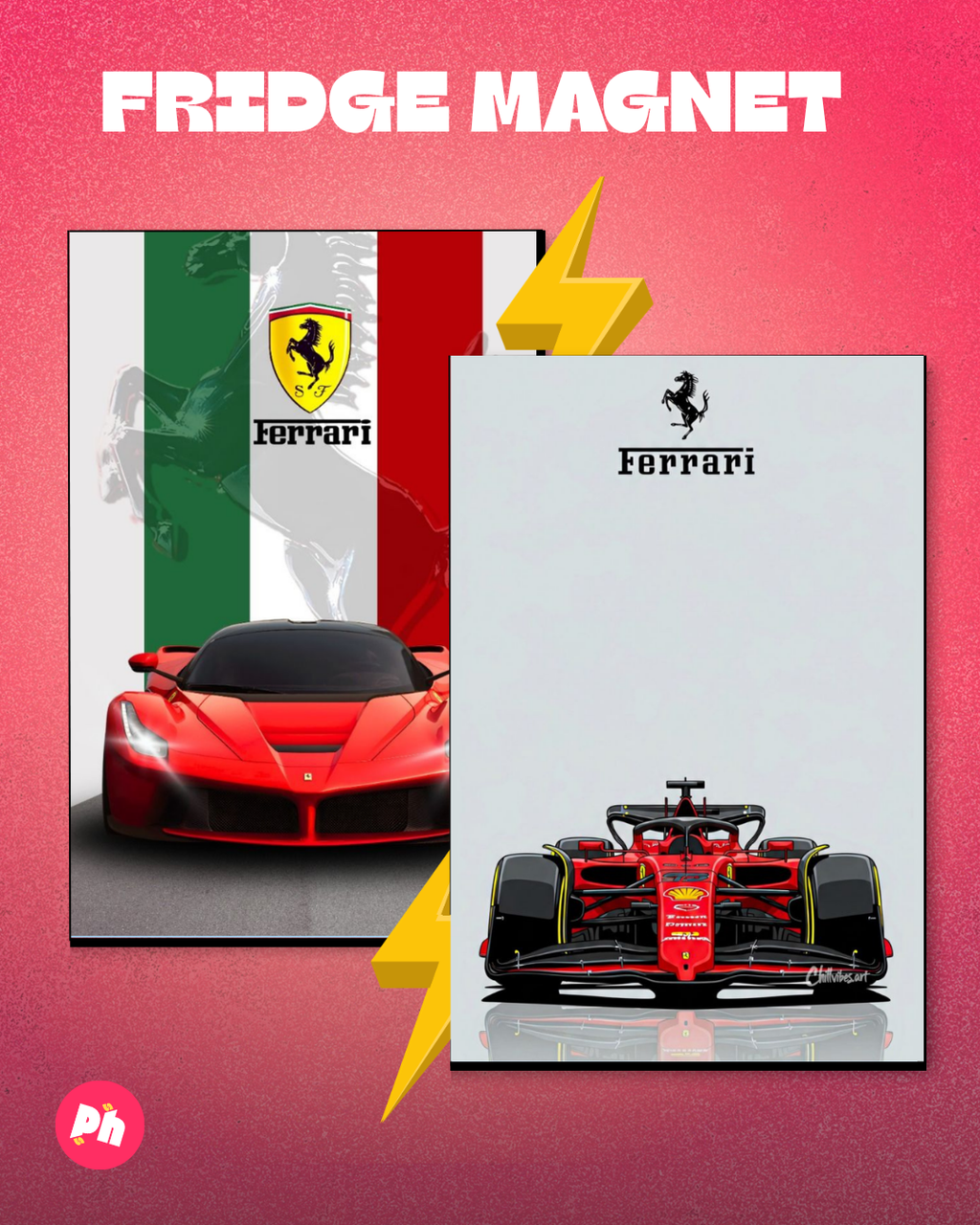 Ferrari Road Car vs F1 set of 2 fridge magnet