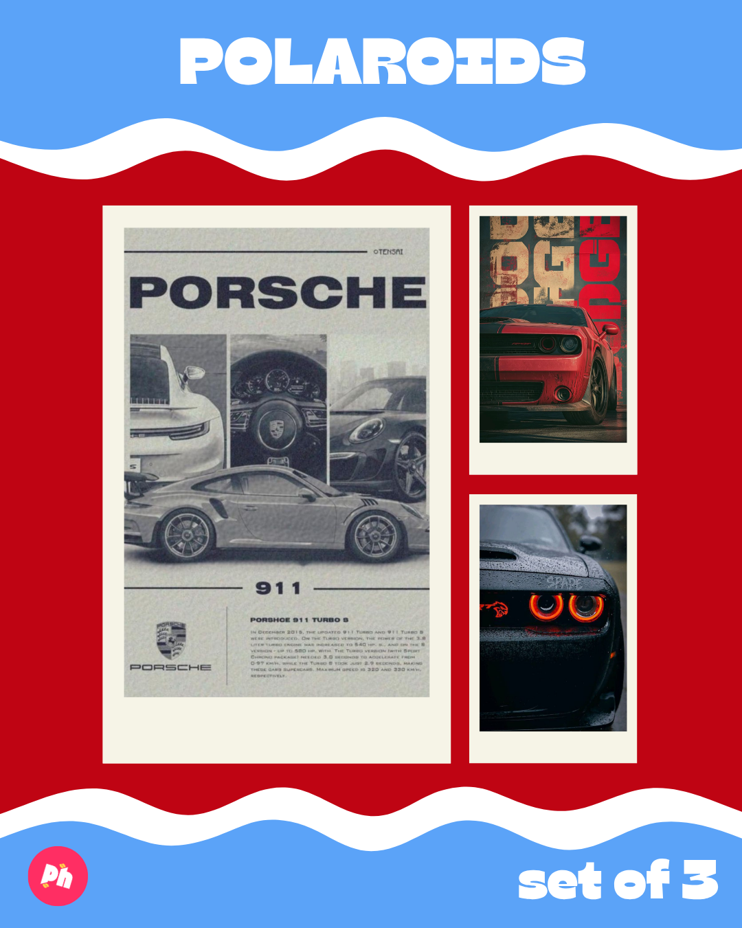 Cars:Porsche 911 Polaroid set of 3